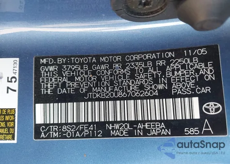 2006 Toyota Prius from USA, damaged, VIN JTDKB20U867062604